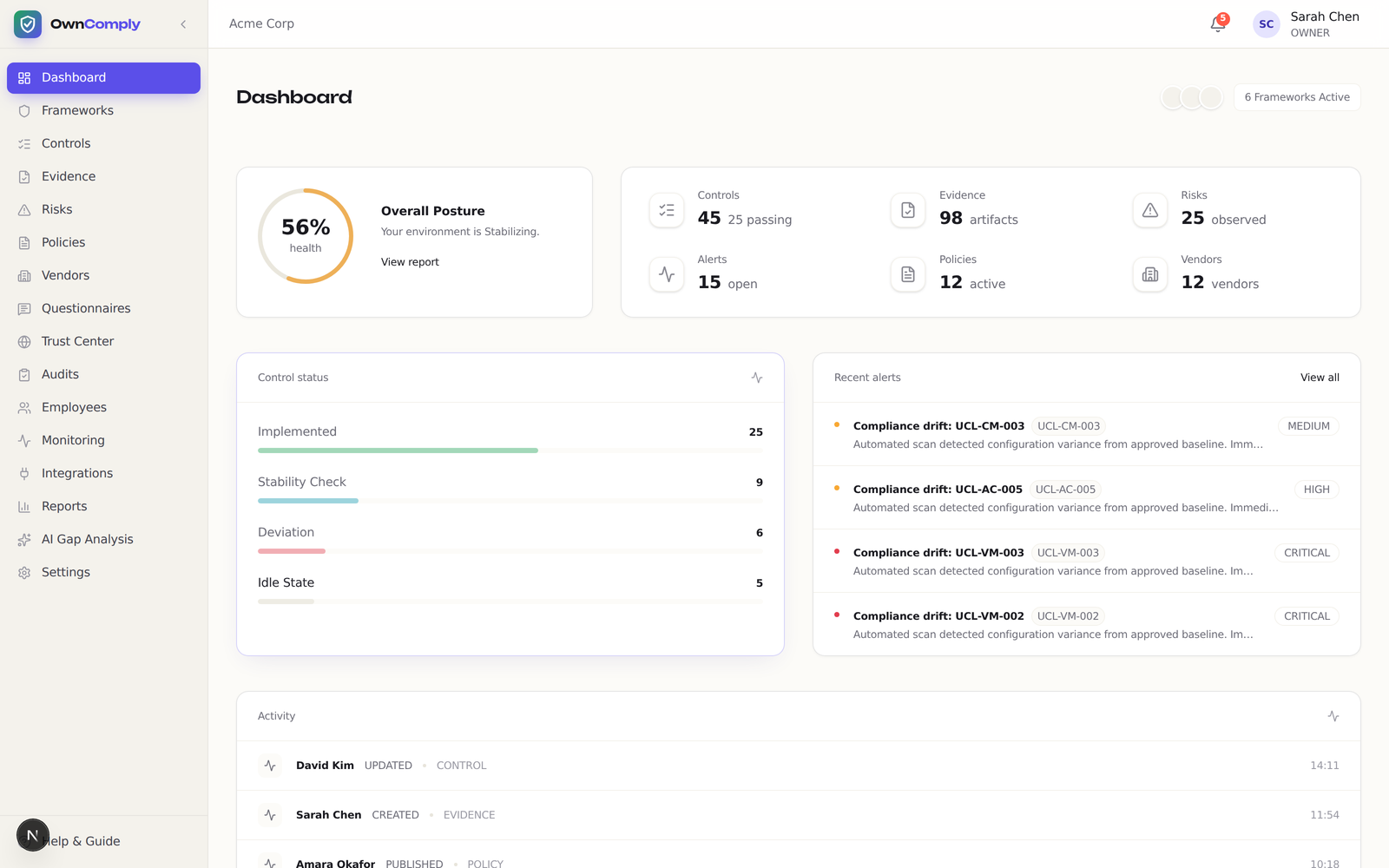 OwnComply — live product interface